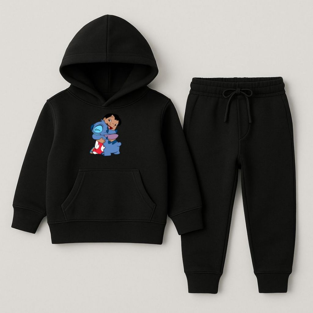 Conjunto Moletom e Calça Preto Infantil Criança Moda Inverno Lilo e Etzinho Fofo Desenho Agasalho Quente Pronta entrega