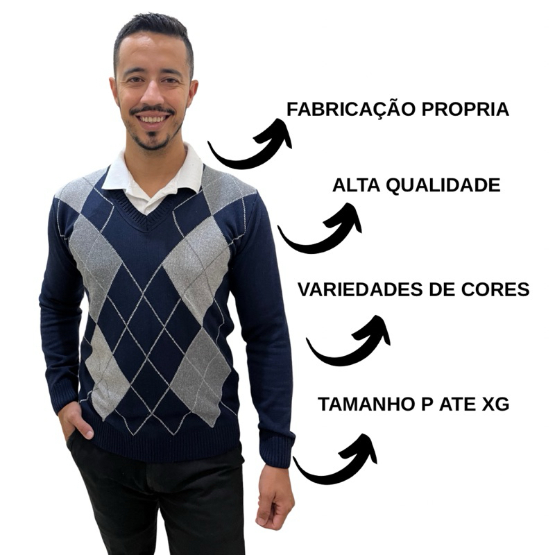 BLUSA SUETER CARDIGAN ESCOCÊS LOSANGULO TRICOT MODA MASCULINA