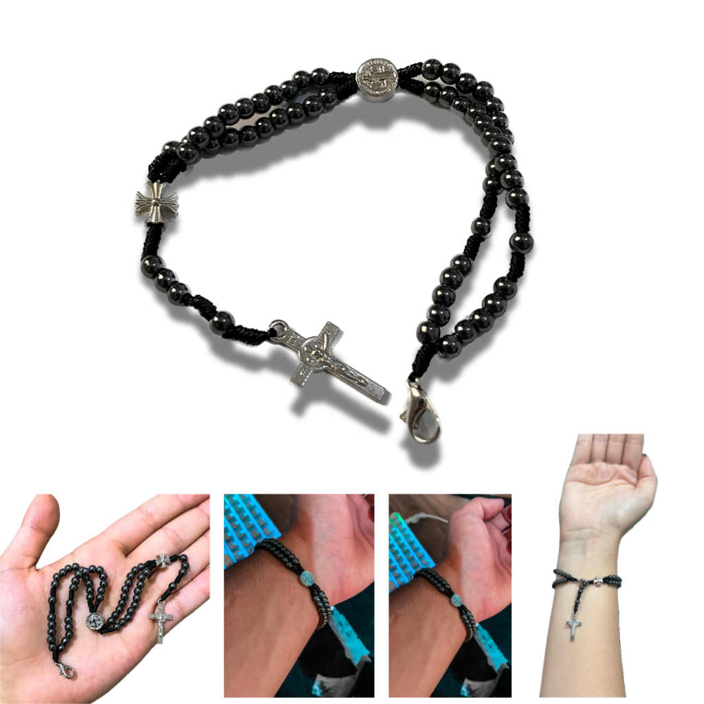 Terço de Pulso Pulseira Religiosa São Bento Hematita e Aço Inox