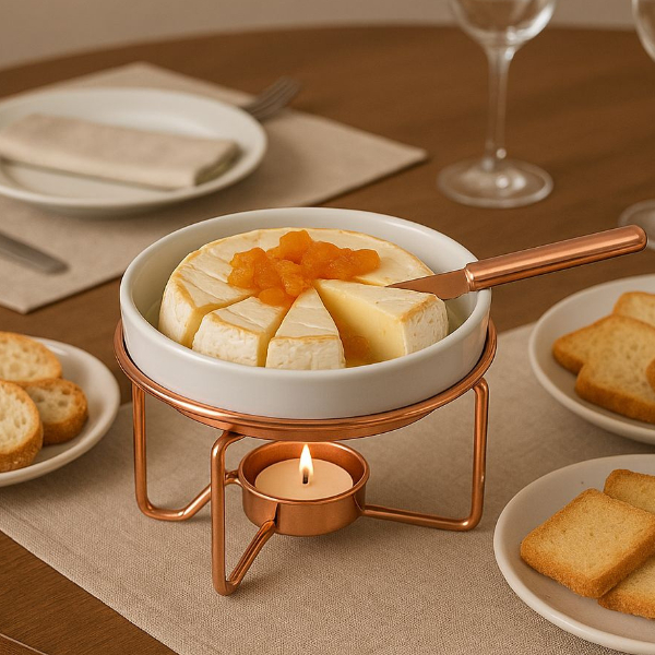 Rechaud Para Queijo Brie Com Faca Suporte De Metal Cobre E Tigela De Cerâmica Fundue Fundi...