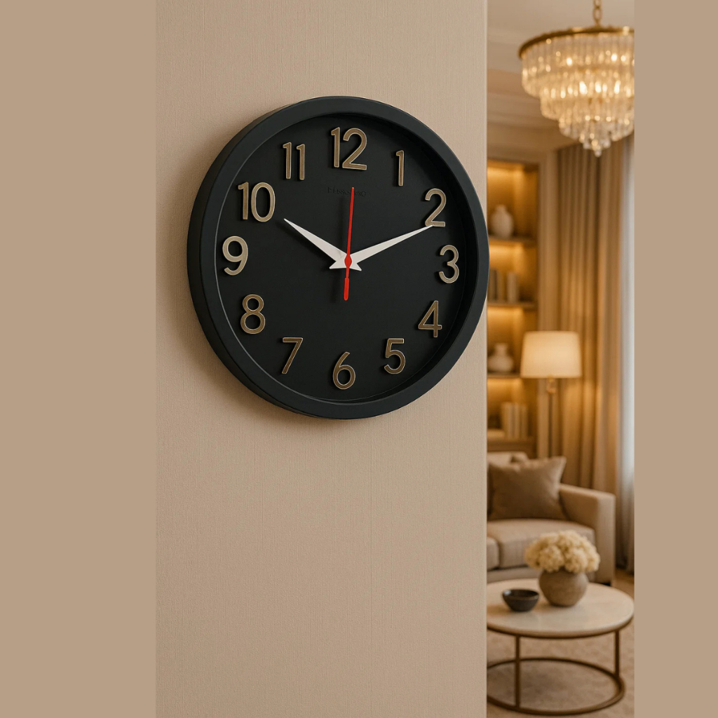 Relogio de Parede 3D Sigma Dourado Preto Plashome Escritório Cozinha Sala Com Mecanismo Silencioso