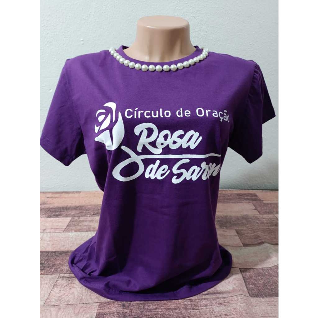 Camiseta Evangélica Rosa de Saron com pérolas bordadas na gola em Oferta na Shopee