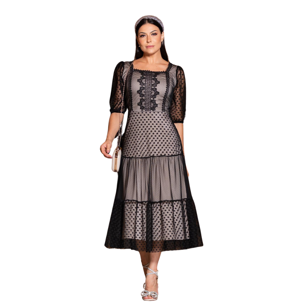 Vestido de Festa Evangélico Midi Godê Tule Estampado Poás Bordado Renda Jaqueline CN