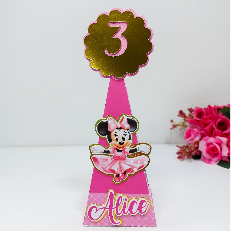 Caixa Pirâmide Minnie Rosa Sublime - Lembrancinha Personalizada Festa Aniversário Infantil