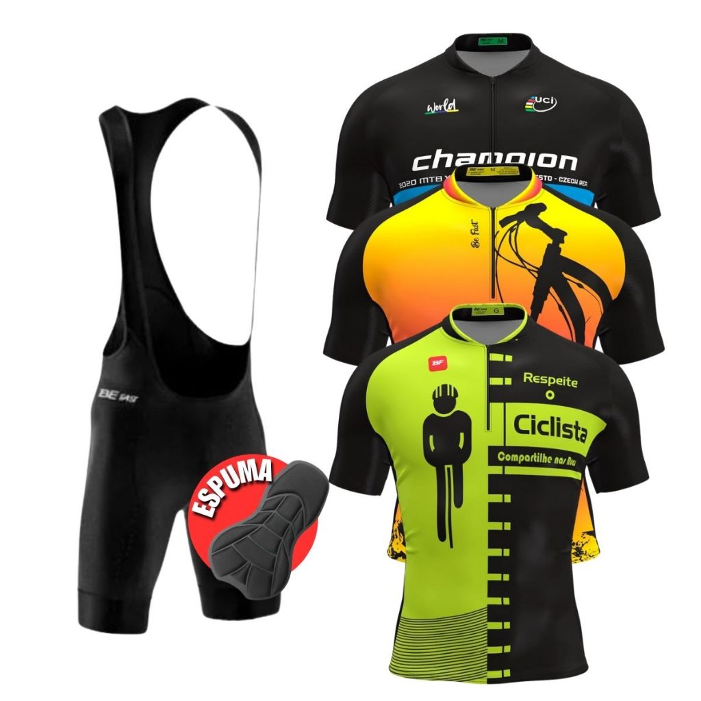Conjunto Masculino Ciclismo Camisa Camiseta Ciclistas Zíper Parcial Bretelle Short Forro EspumaPedal