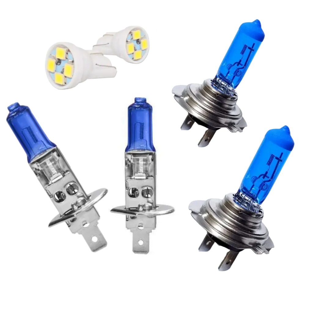 Kit de Lampada Super Branca para Farol e Lanterna H7 + H1 + Pingão T10 (1 Par de Cada Modelo) em Oferta na Shopee