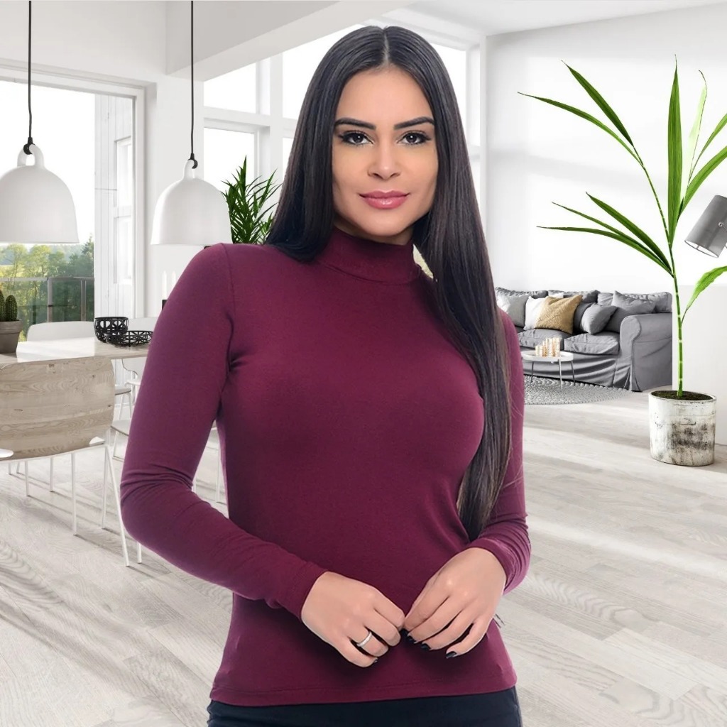 ELASTANO Cacharrel Gola Alta Segunda Pele Tricot Blusa Feminina De Frio Elastano Trico Atacado Moda Inverno