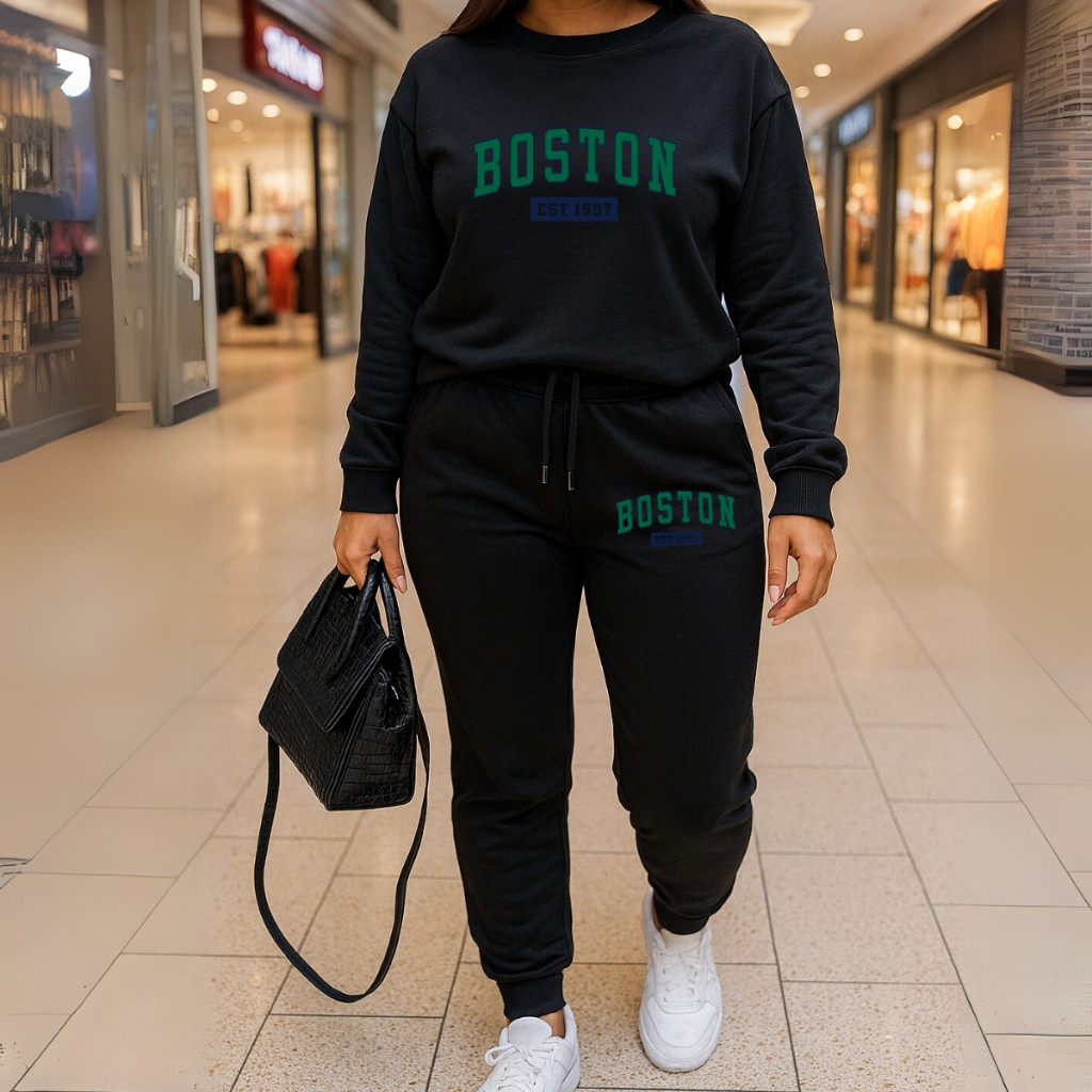 Conjunto Feminino Algodão Moletom Flanelado Boston City Quentinho Gola Redonda Calça