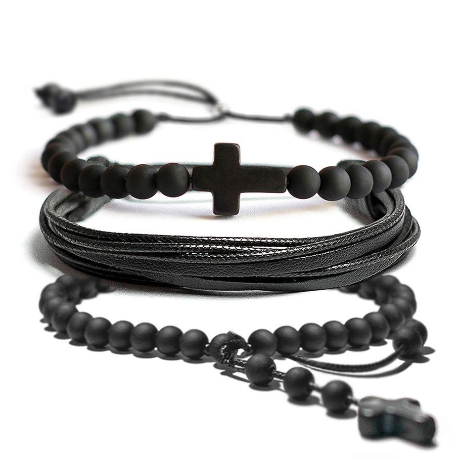 Kit C/ 3 Pulseiras Masculina Feminina Terço Cruz Pedra Emborrachada Preta Fosca Ajustável