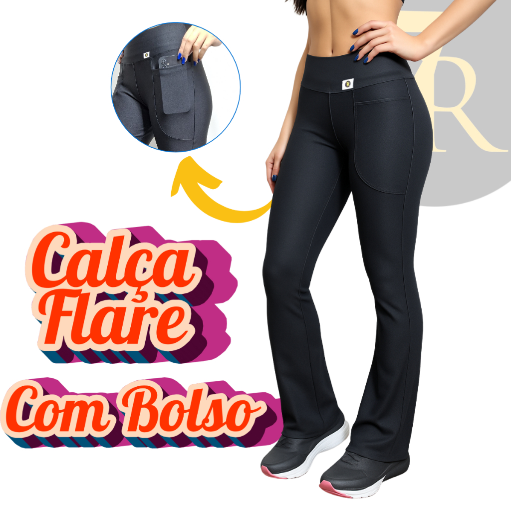 Calça Flare com Bolso Feminina 7 Regras, Zero Transparência; Cintura Alta; Tipo Bailarina. em Oferta na Shopee