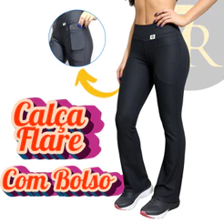 Calça Flare com Bolso Feminina 7 Regras, Zero Transparência; Cintura Alta; Tipo Bailarina.