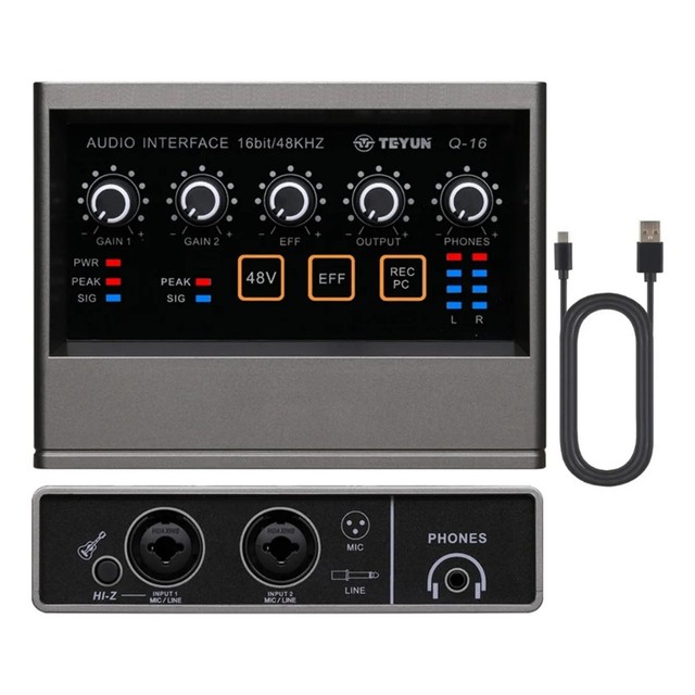 TEYUN Interface De Áudio Q-16 Placa De Som Com +48V Phantom Power DSP 16 bits/48 kHz Muti Canals USB 2.0 Para Estúdio