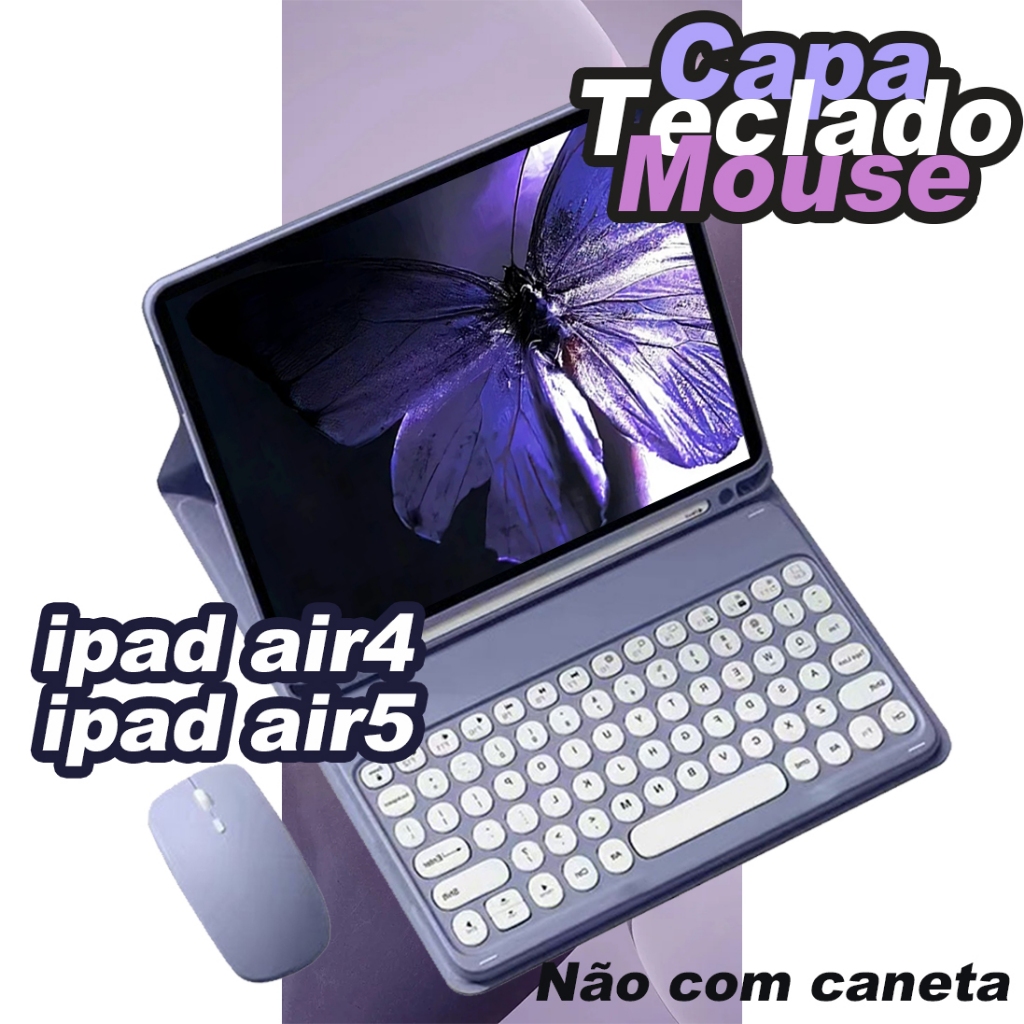 capa ipad com teclado tecla redonda e mouse para ipad air4 10,9polegadas ou ipad air5 10,9polegadas