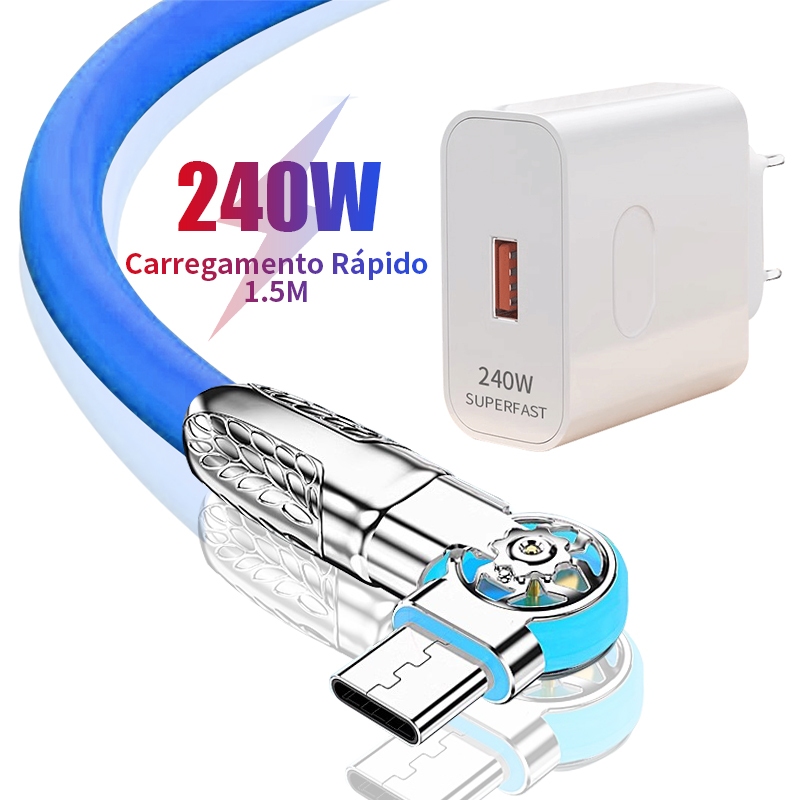 Carregador Tipo C Cabo De Carregamento Rápido Adaptador 240W Laranja Azul Preto Kable Para...