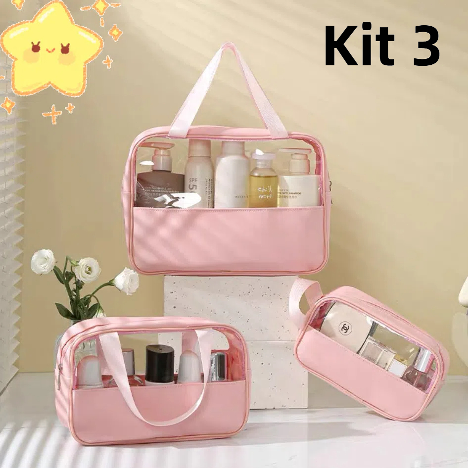 Kit 3 Necessaires Transparentes para Viagem - Organize Cosméticos e Produtos de Higiene Pessoal em Oferta na Shopee