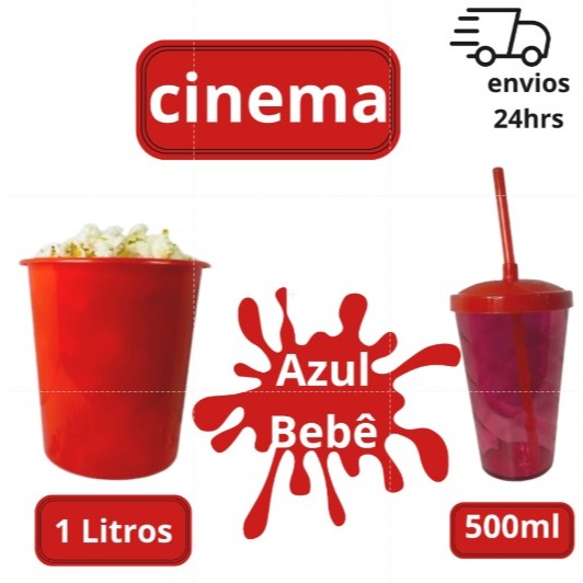 Kit Cinema Balde 1l Pipoca + Twister Colorido 500ml 5 a 20 Unids