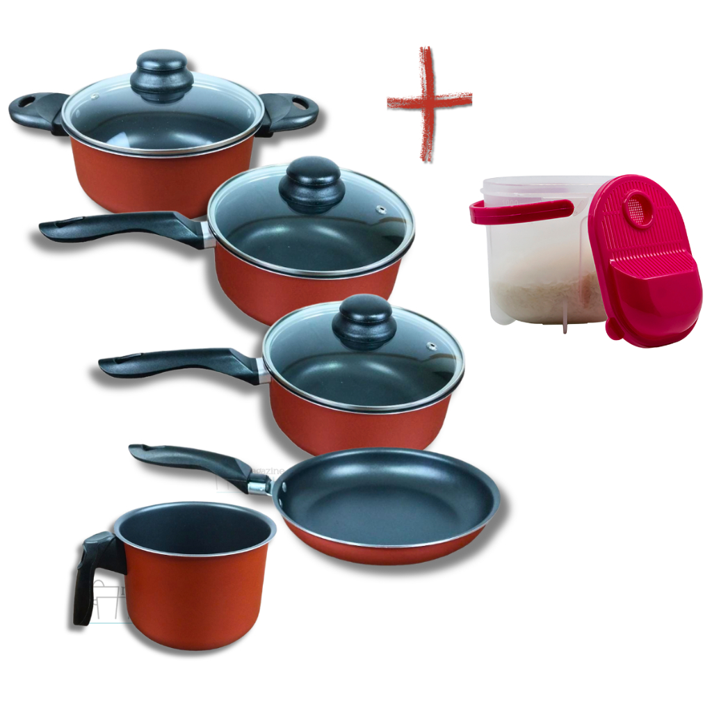 Conjunto de Panelas Antiaderente Teflon Caçarola 18cm Panela 18cm Panela 16cm Frigideira 18 cm Canecão 16cm Cor Cereja