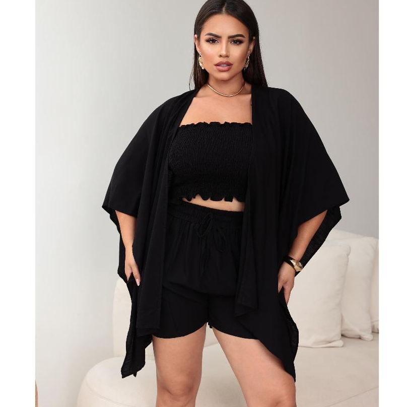 kimono Moda femenina 3 peças conjunto elegante Kimono+short+top com bolso e elastico na cintura