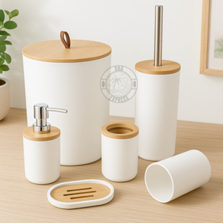 Kit Banheiro Conjunto Acessórios Higiene Lixeira Lavabo 6 Luxo Peças Tampa Bambu Escova Sanitária em Oferta na Shopee