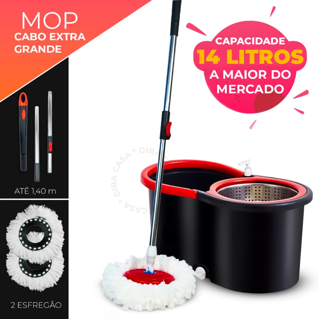 Mop Giratório Com cabo de 140 cm Cesto Em Inox Balde Centrífuga E Rodinhas - Com 2 Refil N...