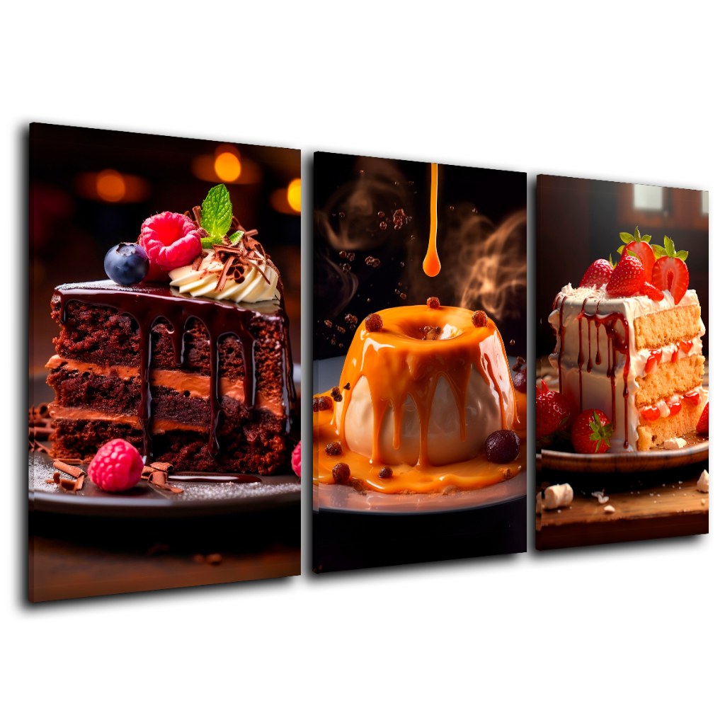 Kit Quadros Decorativos Cozinha Confeitaria Doce Bolo de Chocolate Morango Pudim
