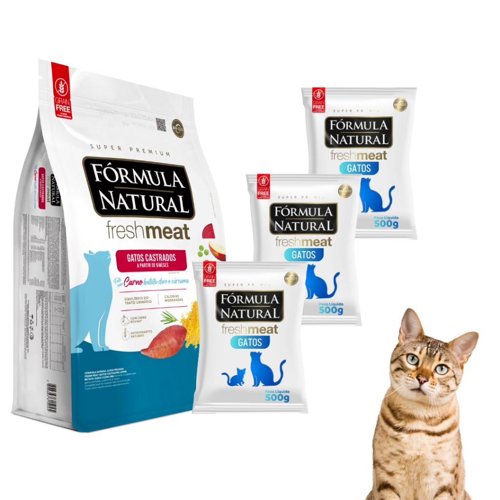 Kit Ração Premium C/3 Pacotes de 500g Fórmula Natural Gatos Castrados Fresh Meat Sabor Carne