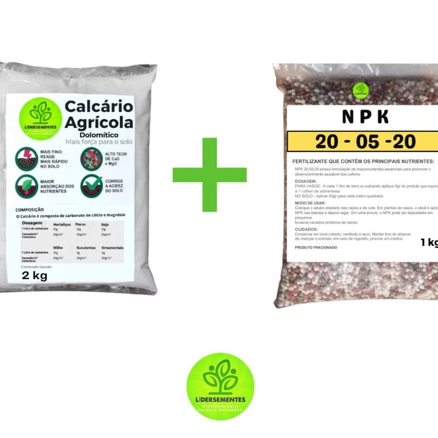 Kit Adubo Fertilizante NPK 200520 + Calcário Agrícola Dolomítico Prnt 80% Fracionado Hortaliças Flores Rosas do Deserto