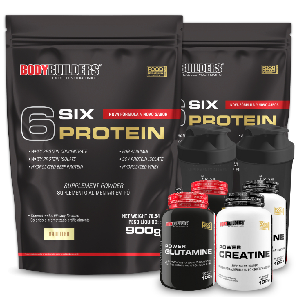 Kit 2x 6 Six Protein 900g + 2x Glutamina 100g + 2x Creatina 100g + 2x Coqueteleira - Bodybuilders - Health