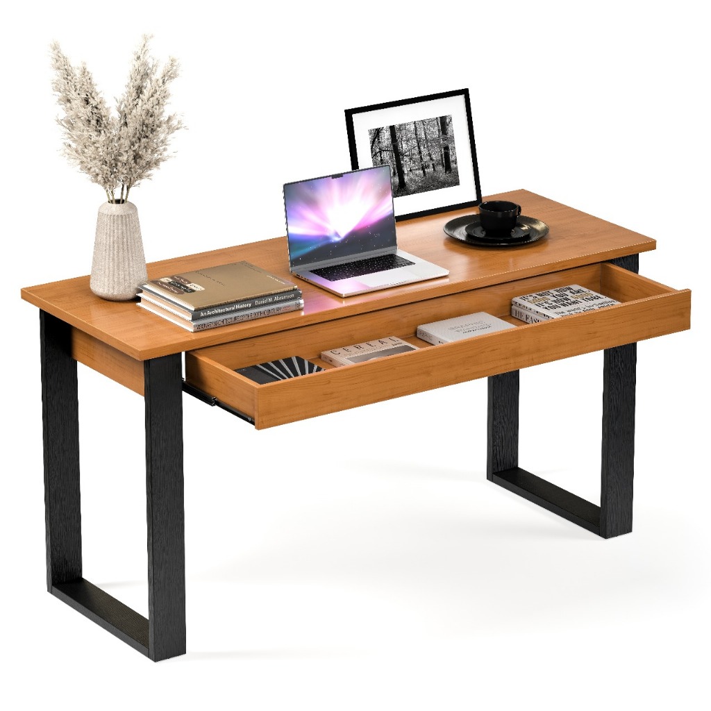 Mesa Escrivaninha Para Escritorio Em Madeira Estilo Industrial Com Gaveta 120cm Cor Canela