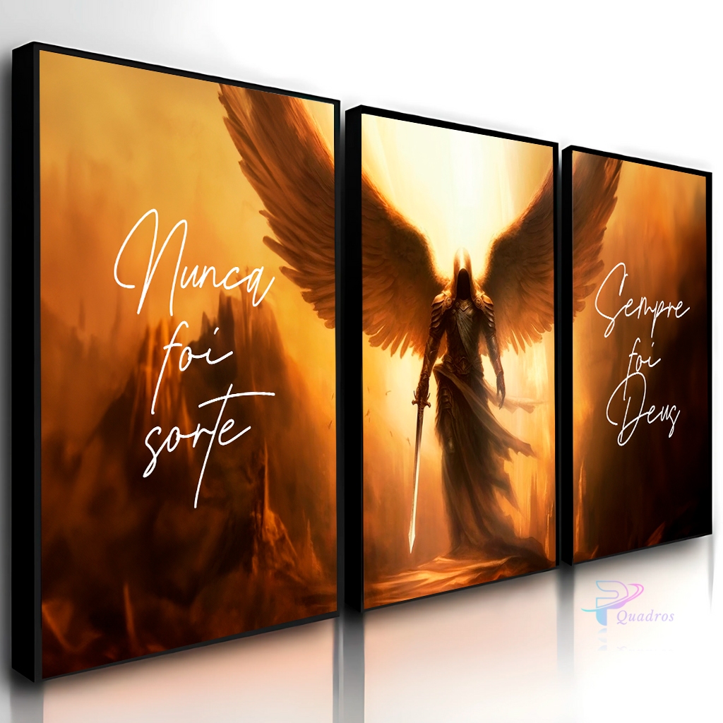 Quadros Decorativos 3 Peças Anjo Asa por do Sol Arcanjo Nunca Foi Sorte Casa Sala Quarto Decoração Hall