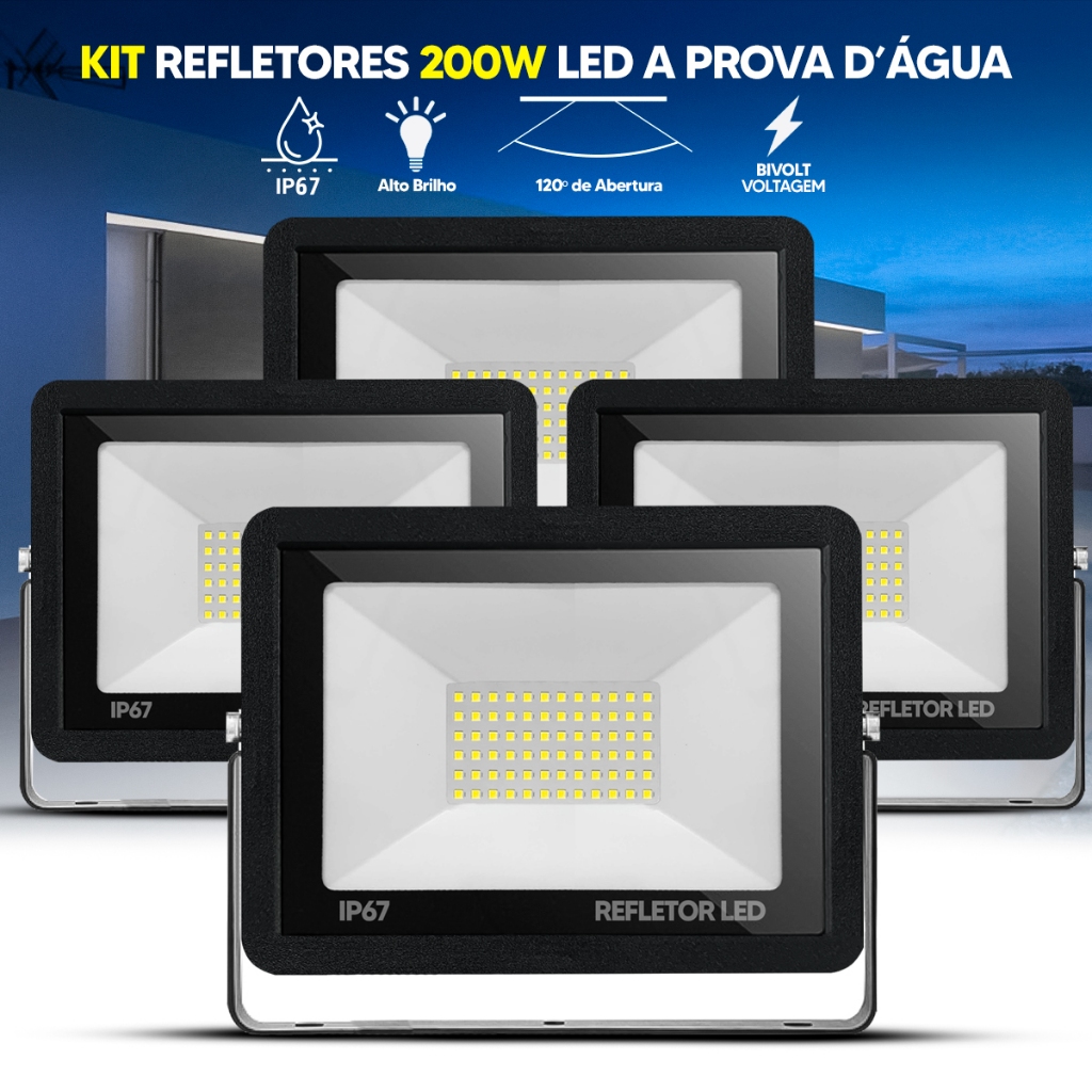 Kit Refletor LED 200W Holofote Slim Bivolt IP67 Luz Branco Frio 6500K Alta Potência à Prova D'Água
