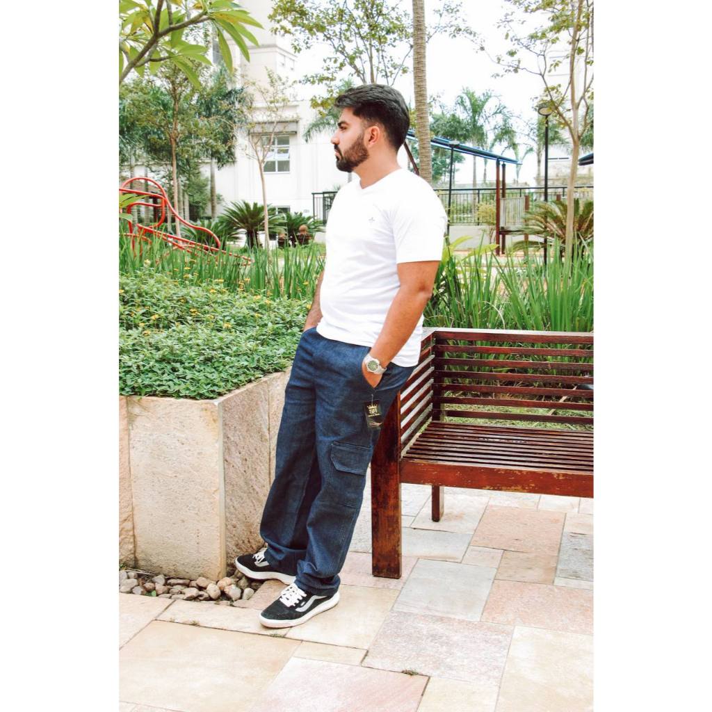 Calça Cargo Sarja, Moda Unissex, Skate e Casual bolso lateral | 6 Bolsos