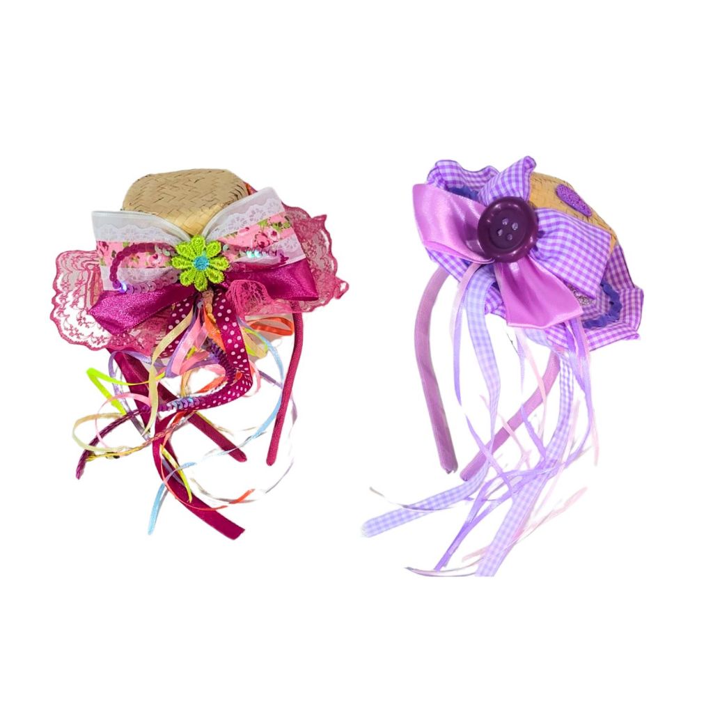 Tiara Para Festa Junina Mini Chapeu Palha Kit 2 Pçs Linha Luxo