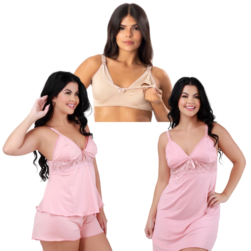Kit Amamentação Completo Baby Doll + Camisola + Sutiã  Gestante Pós Parto Lactante