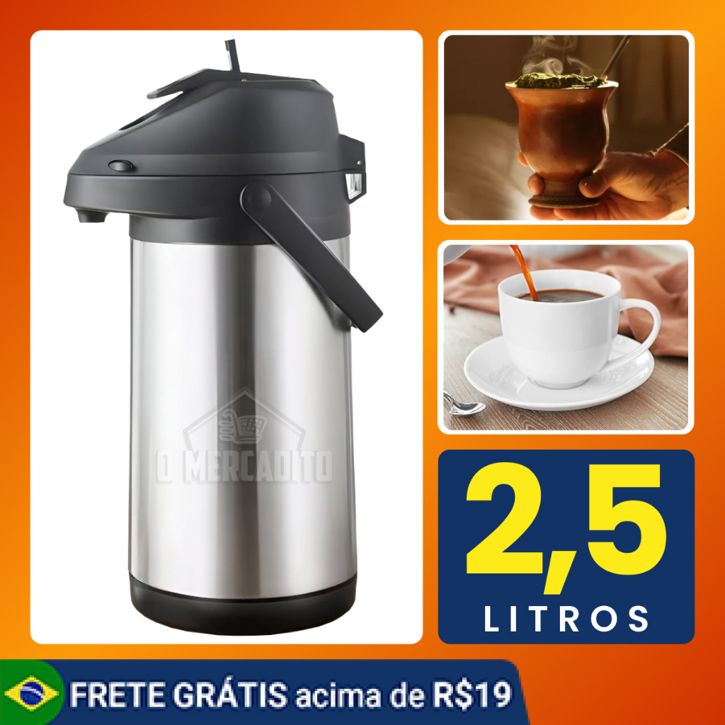 Garrafa Térmica Inox 2,5L com Alça para Tereré Café e Chá Trava de Segurança
