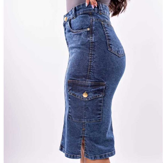 saia jeans midi evangélica com bolso cargo cintura alta com fenda moda elegante cheia de charme em Oferta na Shopee
