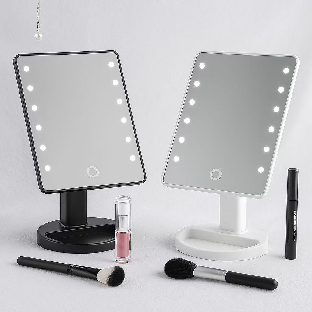 Espelho de Maquiagem com Luz LED, de Mesa, Regulável, Gira 180°, Pilhas ou USB, Azul/Preto/Rosa em Oferta na Shopee