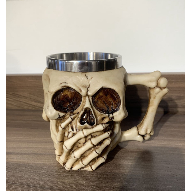 Caneca Chopp Viking Medieval Crânios Resina Aço Inox Medieval Caveira Presente Mudo 350ml Decorativo Presente