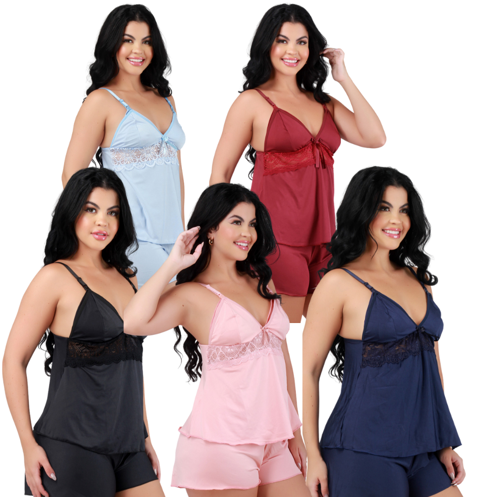 Kit 5 Baby Doll Amamentação Gestante Renda Maternidade Abre Fácil Pós Parto Pijama Para Amamentar