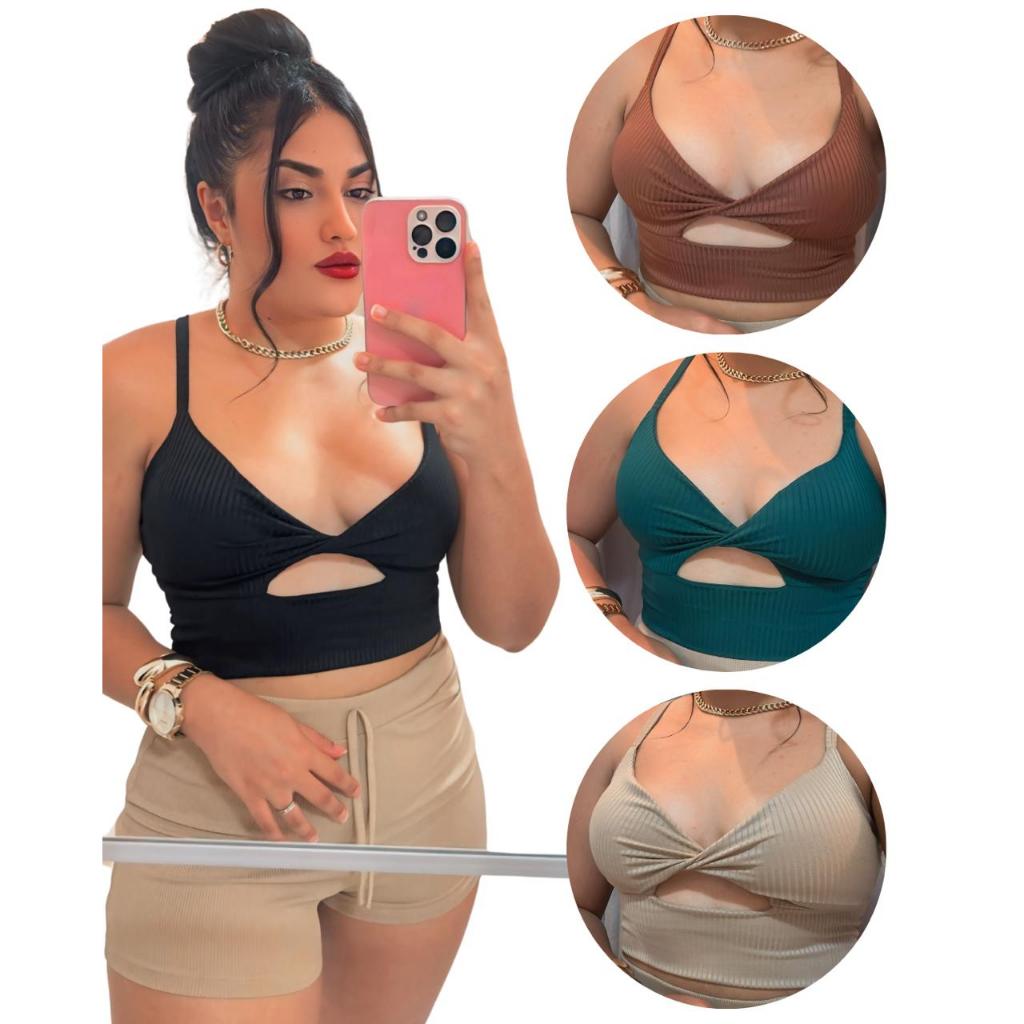 Cropped Feminino Top Canelado Blusa Regata Feminina Alça com Decote Frontal Com Bojo Várias Ocasiões