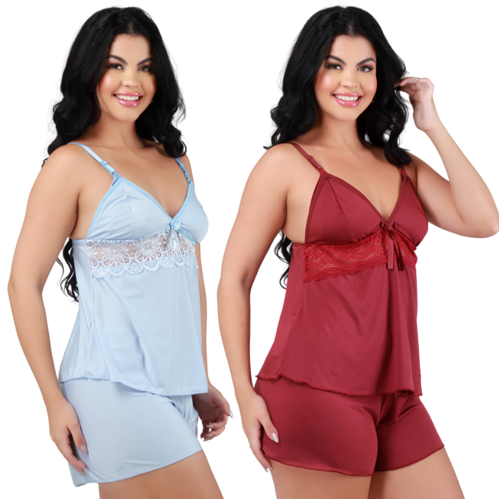 Kit 2 Baby Doll Amamentação Maternidade Pós Parto Para Dormir Abre Click Abre Fácil Para Amamentar