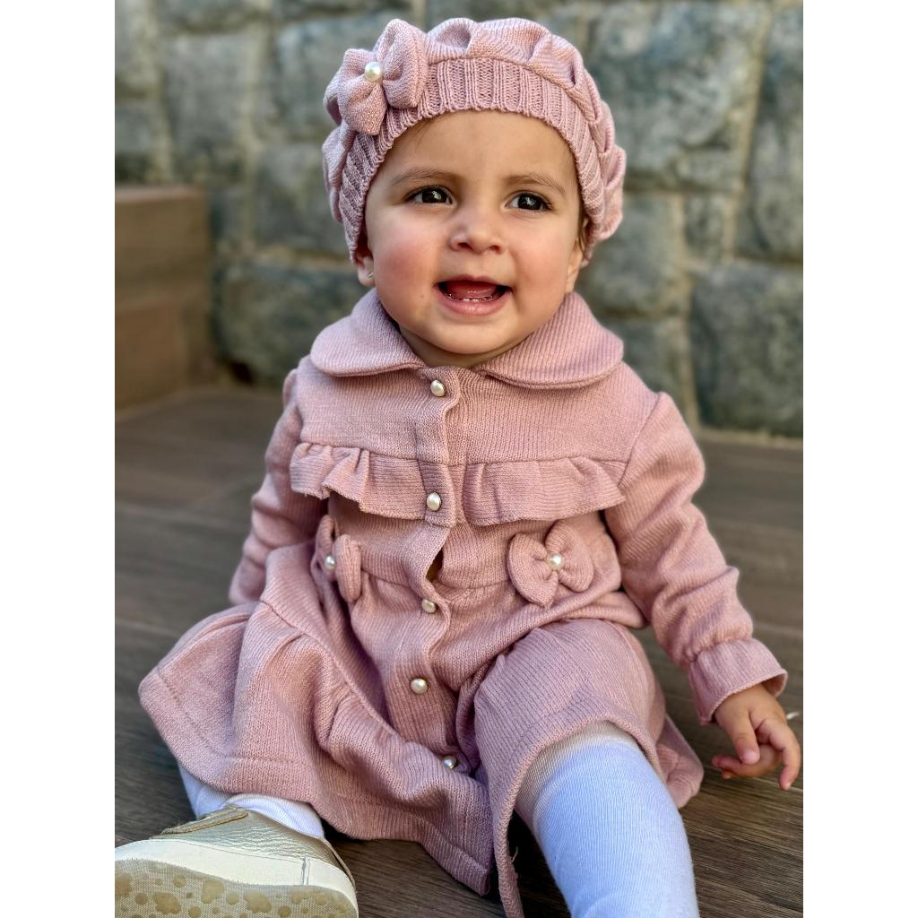 Vestido Tricot Bebê Menina+Boina Inverno Luxo Infantil Criança Até 8 Meses
