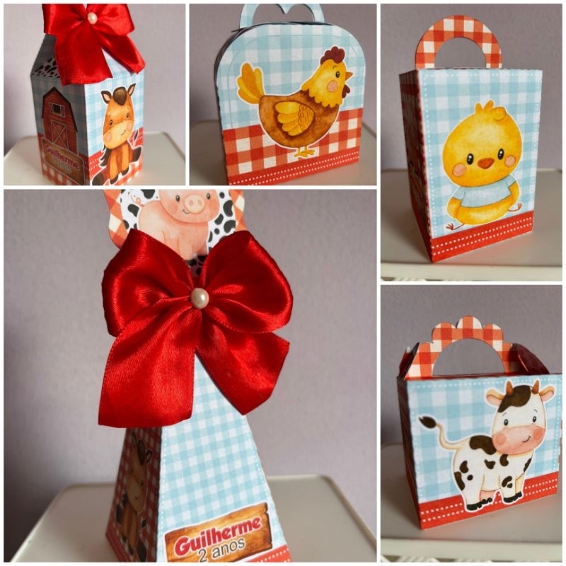 Kit Caixinhas Personalizadas Fazendinha vermelha e azul PEGUE E MONTE lembrancinhas festa
