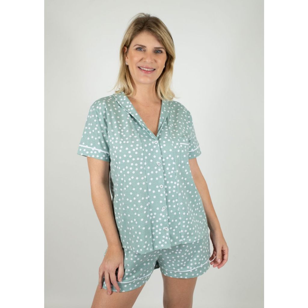 Pijama Feminino Americano Curto com Botões Frente Algodão Pós-Cirúrgico Amamentação Verão–Verde Poá