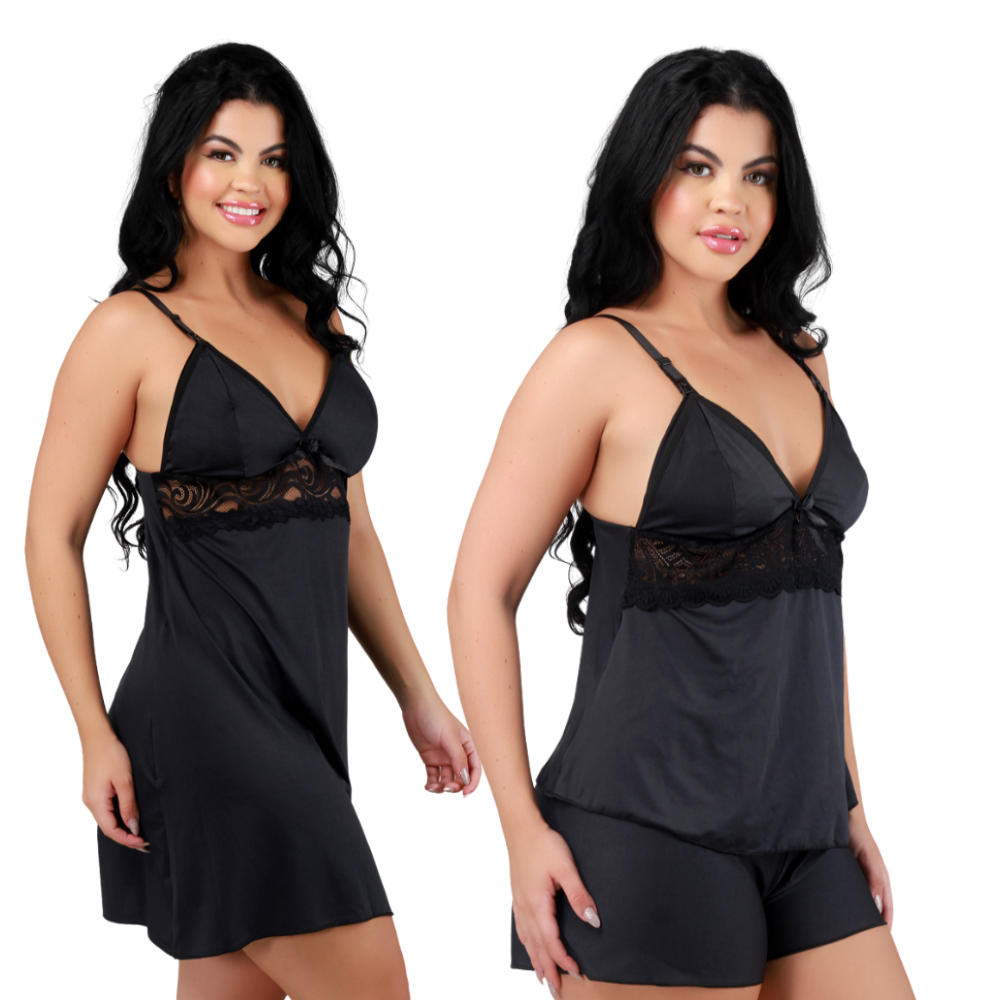 Kit Camisola + Baby Doll Amamentação Abre Fácil Com Renda Pós Parto Gestante Maternidade Grávida