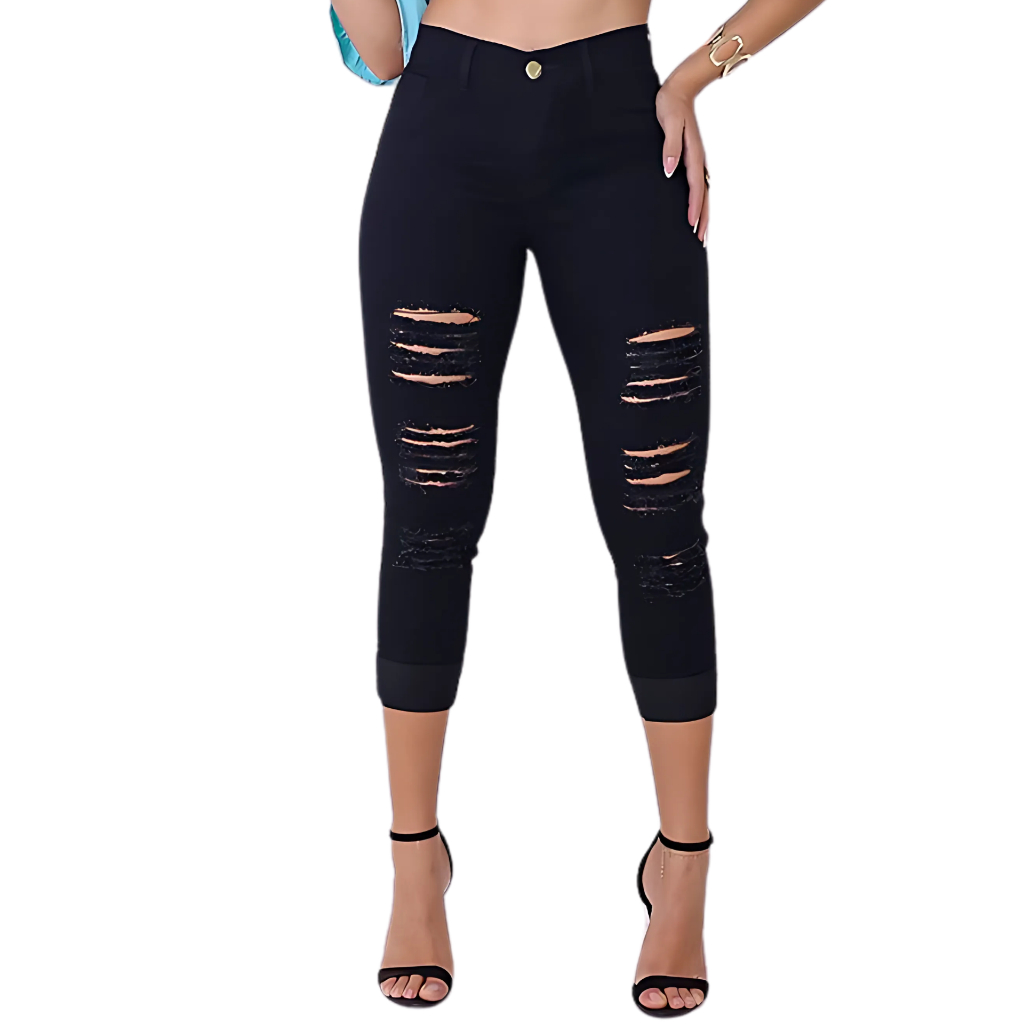 Calça Jeans Feminina Skinny Capri Com Lycra Levanta Bumbum Preta Rasgada