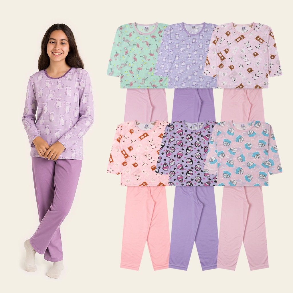 Conjunto de Pijama Estampado Infantil Juvenil Feminino Menina 100% Poliéster Tam 10 ao 16 SORTIDO