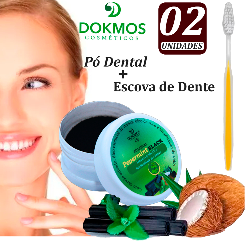 Kit Pó Dental Clareador Natural Carvão Ativado Pepermint + Escova de Dente Biodegradavel