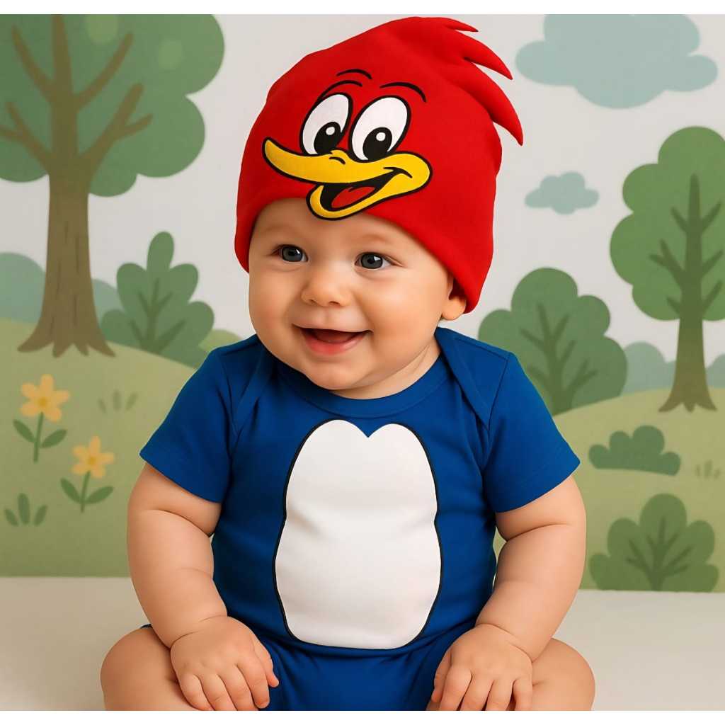 Body Bebe Pica Pau Body + Touca Fantasia Infantil Mesversario em Oferta na Shopee