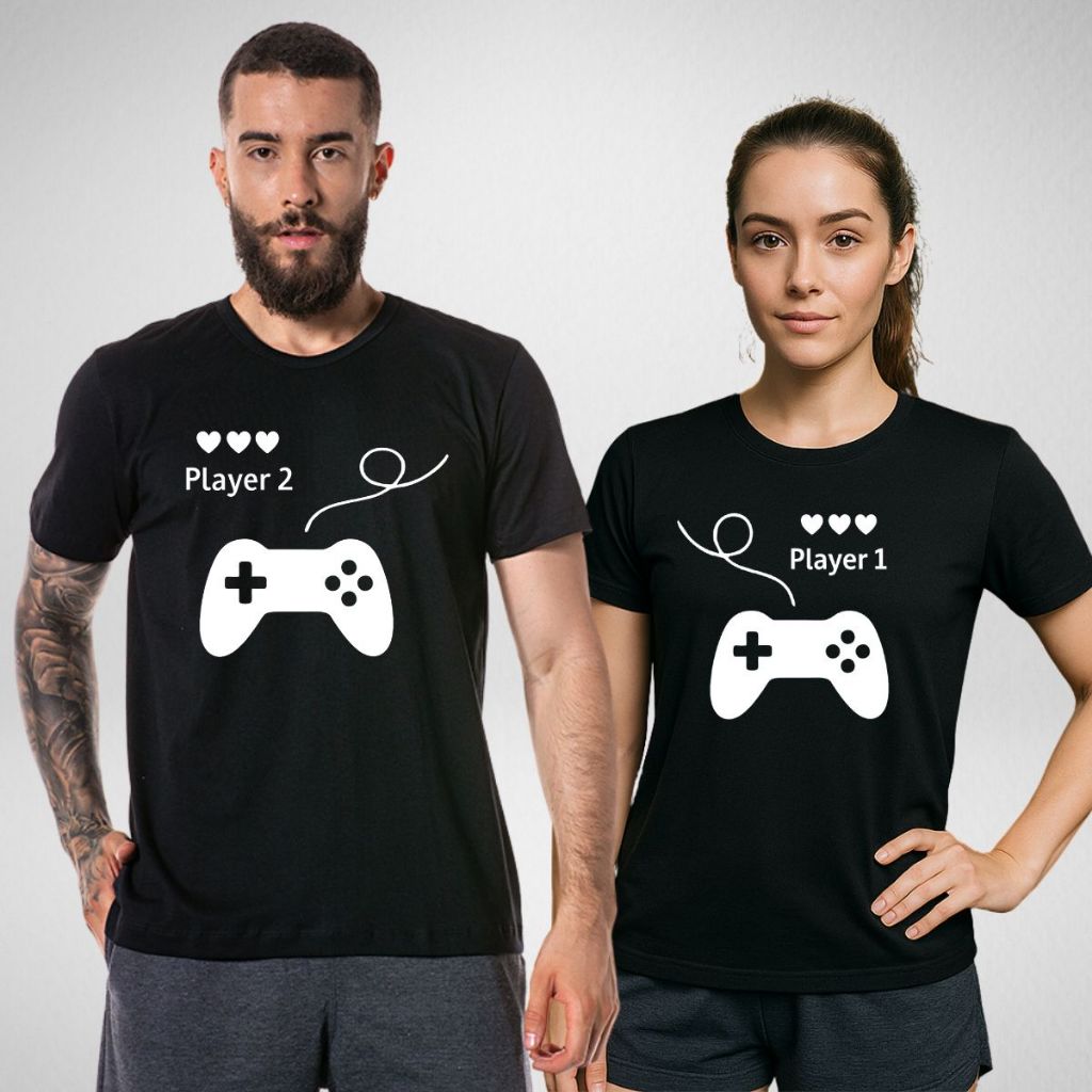Kit 2 Camiseta Dia Dos Namorados Casal Player 1 e Player 2 Jogo Blusa Unissex